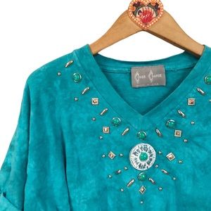 Vintage turquoise embellished TieDye cuffed sleeve T-shirt one size 1980…